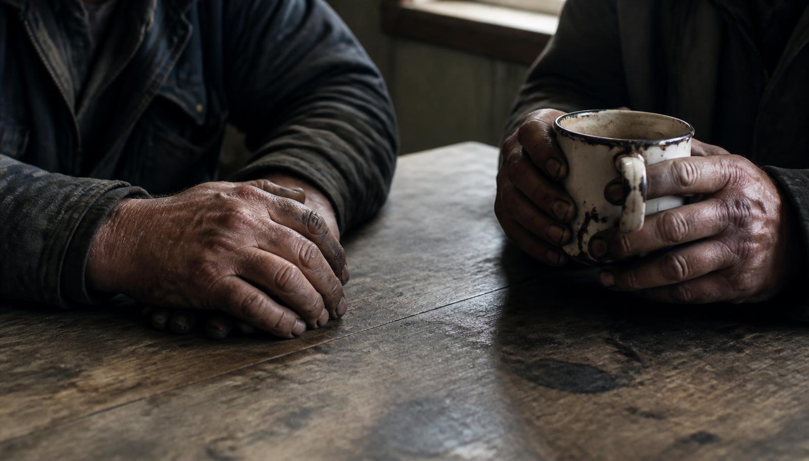 Handen van verschillende mensen samen op een tafel in een dorpscafé