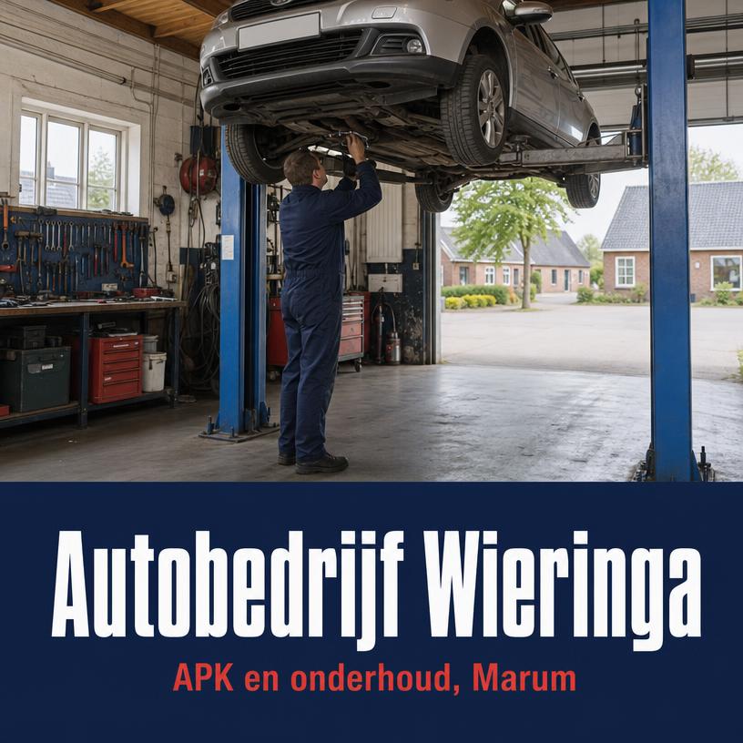 Advertentie van Autobedrijf Wieringa met een auto op de brug in de werkplaats