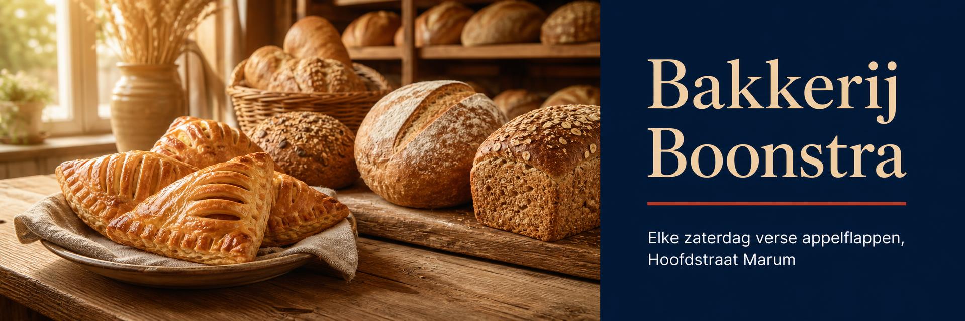 Advertentie van Bakkerij Boonstra met vers brood en appelflappen op een houten toonbank