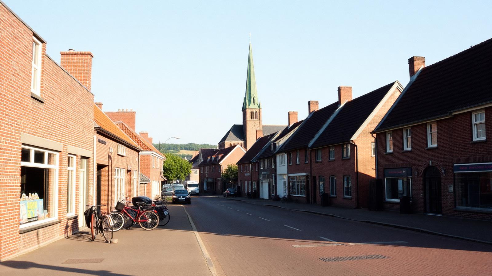 Dorpsstraat met winkels en geparkeerde fietsen